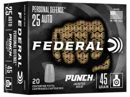 Federal Personal Defense Punch Handgun Ammunition .25 Auto 45gr Solid 825 fps 20/ct