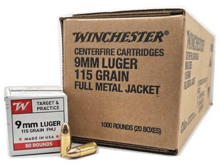 Winchester USA Target & Practice Handgun Ammunition 9mm Luger 115gr FMJ 1190 fps 1000/ct Case (20-50/ct Boxes)