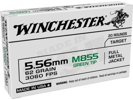 Winchester USA Lake City M855 Green Tip Rifle Ammunition 5.56mm 62 gr. FMJ 3060 fps 20/ct