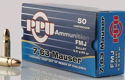 PPU Handgun Ammunition 7.63mm Mauser 85 gr FMJ 1510 fps 50/ct