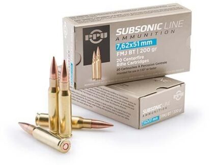 PPU Subsonic Rifle Ammunition 7.62x51mm 200 gr FMJBT 1050 fps 20/ct