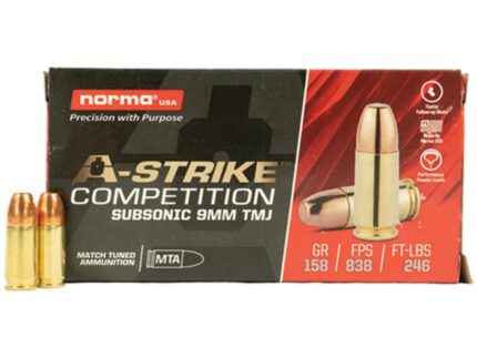 Norma A-Strike Subsonic Ammunition 9mm Luger 158gr TMJ 838 fps 50/ct