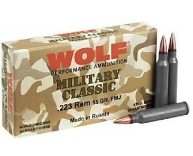 Wolf Military Classic Rifle Ammunition .223 Rem 55 gr FMJ 3241 fps 500/ct Case